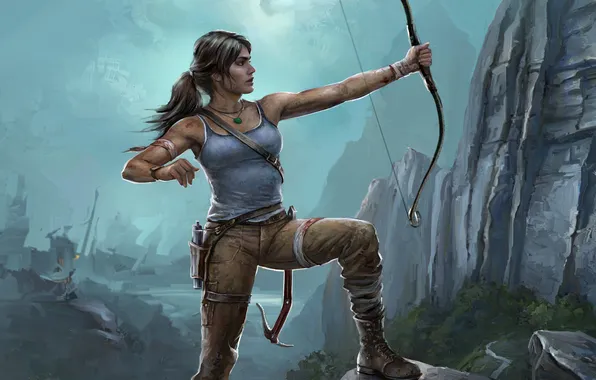 Picture girl, mountains, bow, Tomb Raider, Lara Croft