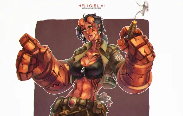 Chest, girl, fists, League of Legends, fan art, piltover enforcer, hell enforcer, hell girl jigoku