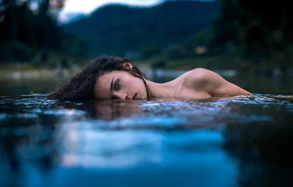Water, mountains, nature, face, lake, brunette, shoulder