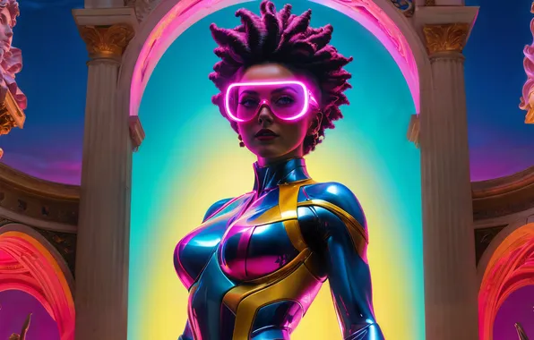 Girl, fiction, neon, glasses