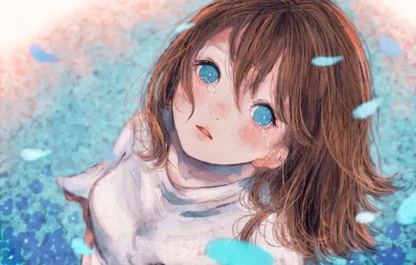 Girl, flowers, petals, tears