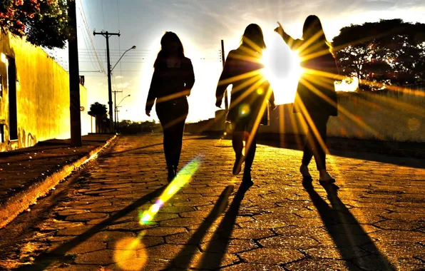 The sun, light, sunset, girls, street, the rays of the sun