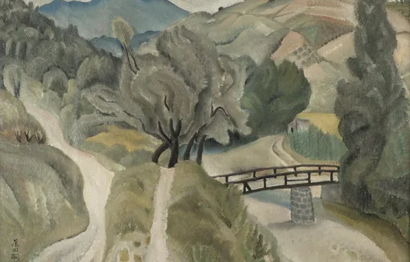 Picture trees, bridge, river, hills, Landscape, 1918, trails, Tsuguharu