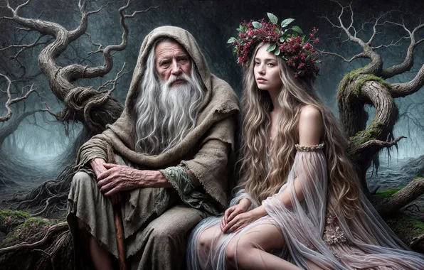 Girl, fairy, fantasy, the old man, elf, the elder, imitation painting, AI art