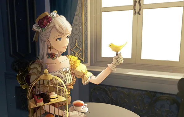 Girl, bird, tea, the tea party, bird, lady