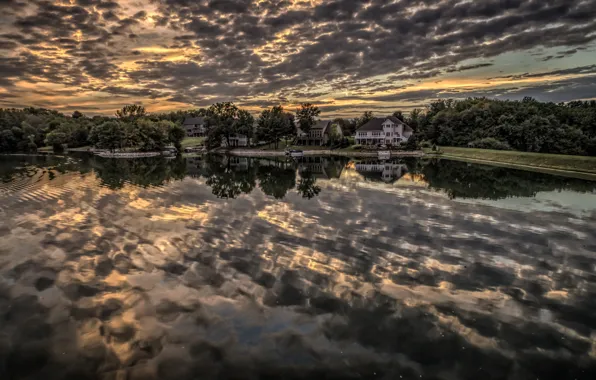 Water, trees, sunset, lake, reflection, home, architecture