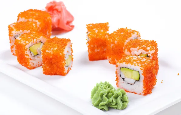Figure, caviar, rolls, wasabi