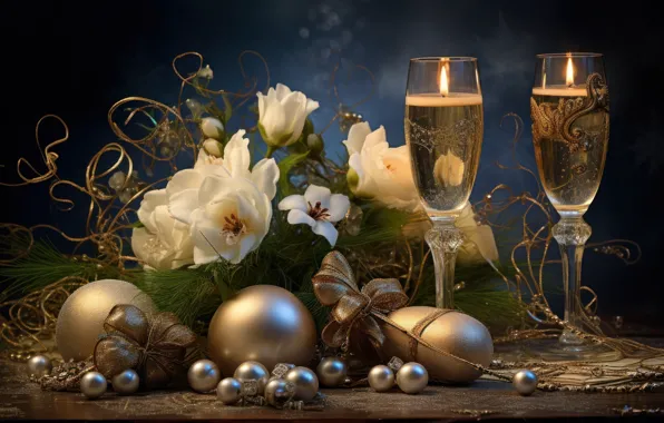 Balls, flowers, branches, table, wine, bouquet, glasses, Christmas