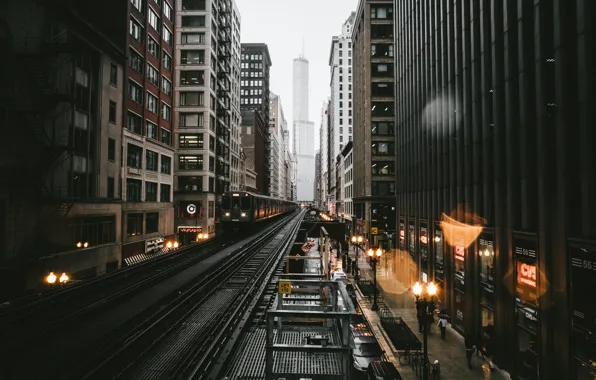 The city, lights, glare, rain, the evening, Chicago, USA