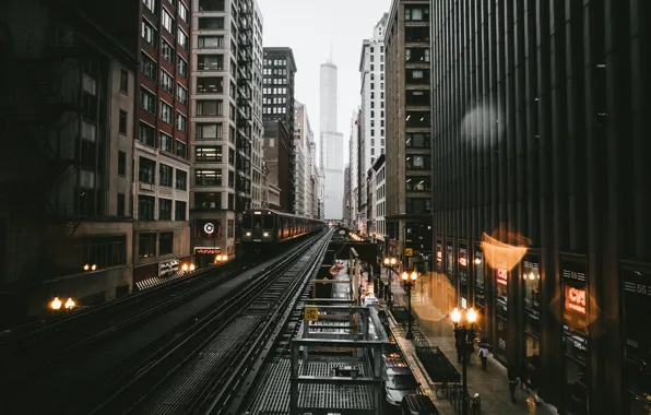 Picture the city, lights, glare, rain, the evening, Chicago, USA