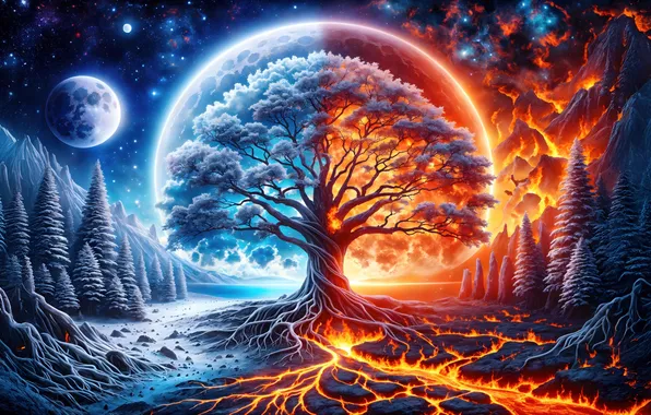 Snow, trees, mountains, planet, lava, the dome, Other Worlds, mountains