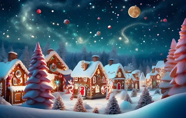 Picture winter, snow, night, lights, tree, New Year, village, Christmas