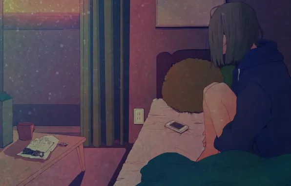 Picture sadness, girl, loneliness, table, room, window, mug, bed