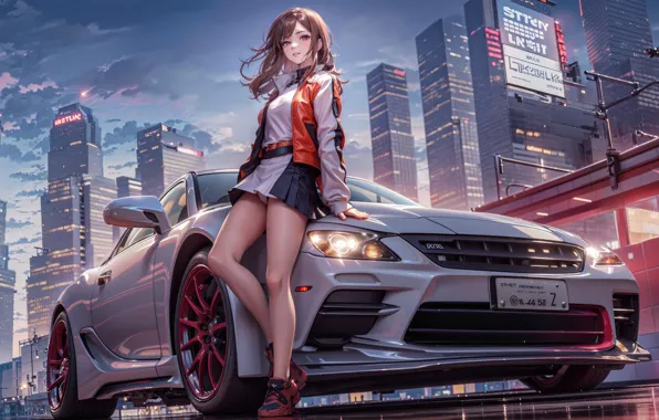 Car, city, Japan, girl, art, custom