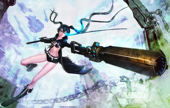 Picture girl, weapons, sword, katana, art, chain, black rock shooter, catch the worm