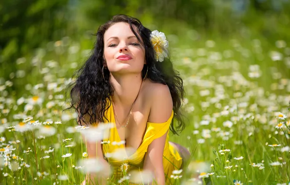 Field, grass, flowers, model, brunette, meadow, katie