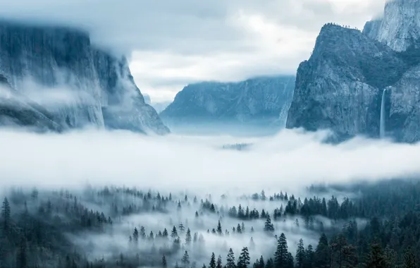 Picture the sky, trees, mountains, clouds, nature, fog, waterfall, USA