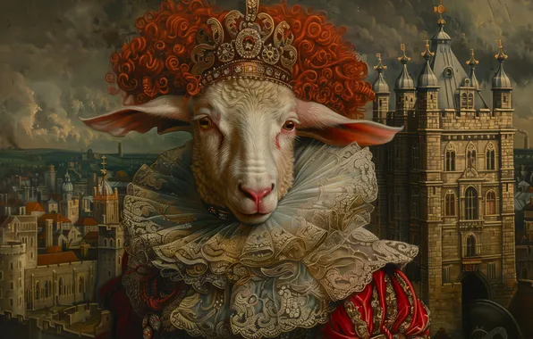 Castle, portrait, dress, fantasy, outfit, sheep, headdress, frill
