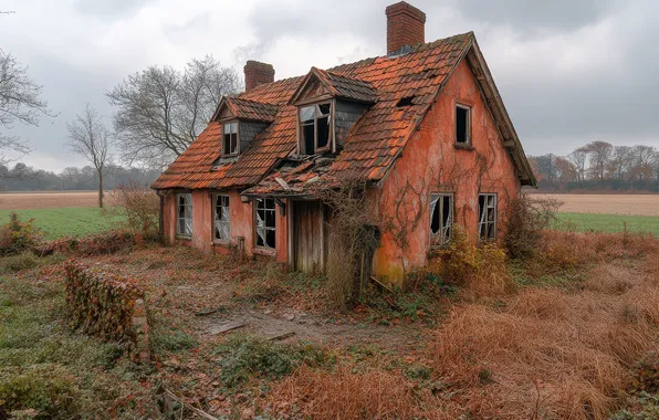 Field, house, Windows, the ruins, abandoned, old, destroyed, AI art