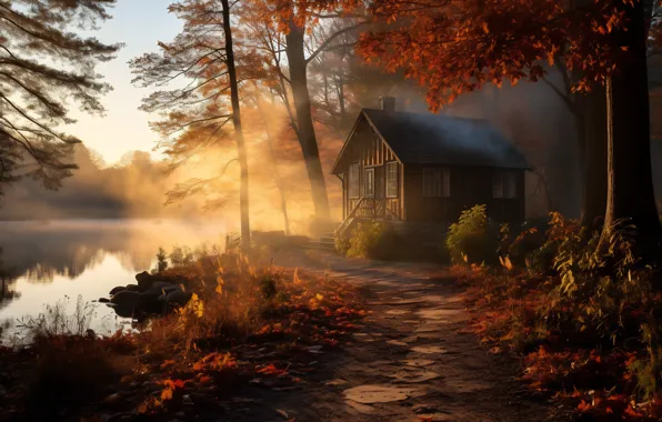 Autumn, forest, the sun, light, trees, fog, house, Park