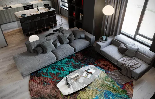 Design, style, interior, wardrobe, living room, modern dark green kitchen, marble coffee table, cabinet door …