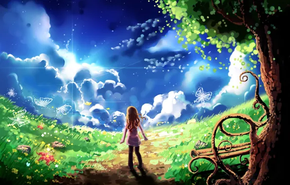 The sky, clouds, butterfly, tree, art, shop, girl, path