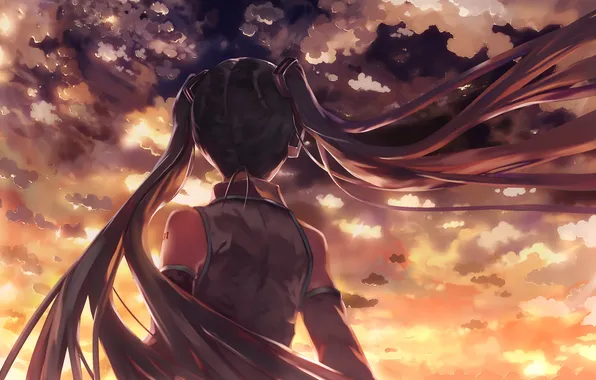 Picture the sky, girl, clouds, sunset, anime, art, vocaloid, hatsune miku