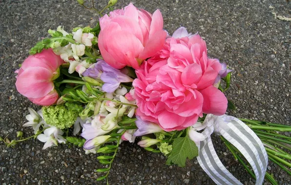 Picture flowers, bouquet, peonies, pink color, freesia