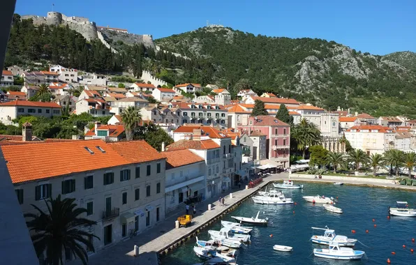 Palm trees, mountain, home, fortress, boats, Croatia, island Hvar, Vrboska