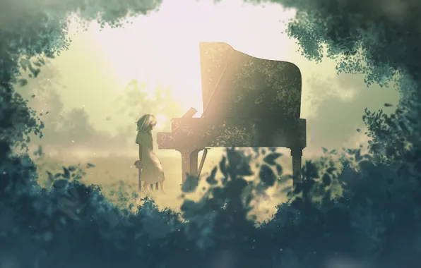 Forest, piano, girl, by furi