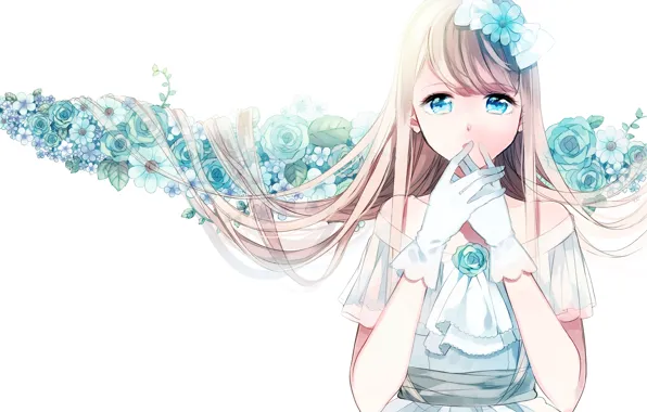 Picture flowers, Girl, white background, gloves, blue eyes, white dress, long hair