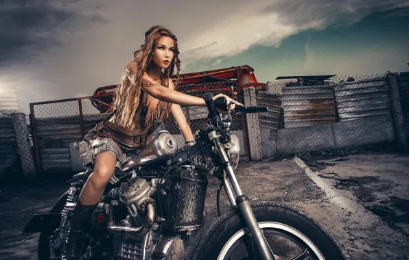 Picture girl, gun, motorcycle
