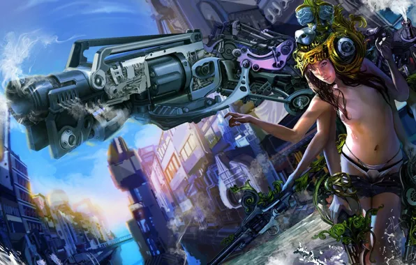 Girl, gun, fantasy world, many hands