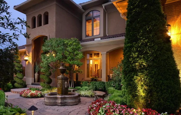 Trees, flowers, house, beauty, yard, fountain, mansion, luxury