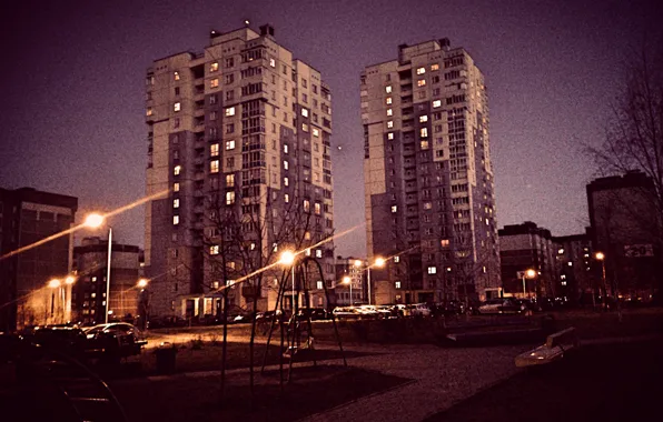 Night, The city, Street, Lights, Building, Skyscrapers, Minsk
