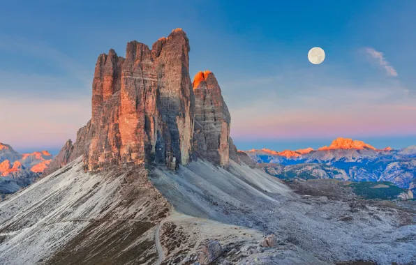 The sky, light, sunset, mountains, blue, rocks, the moon, tops