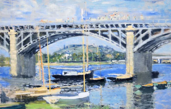Landscape, river, picture, boats, Claude Monet, The bridge over the Seine