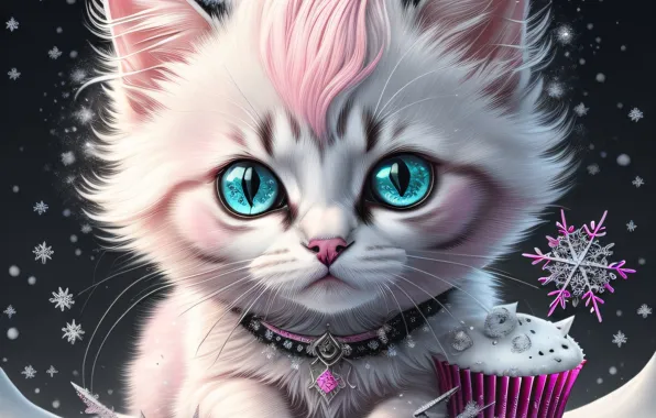 Winter, cat, eyes, cat, look, snow, snowflakes, style
