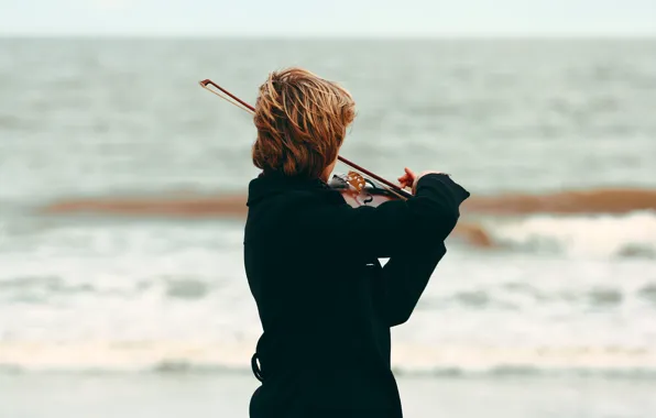 Picture sea, beach, music, violin, musician, coat, violin bow