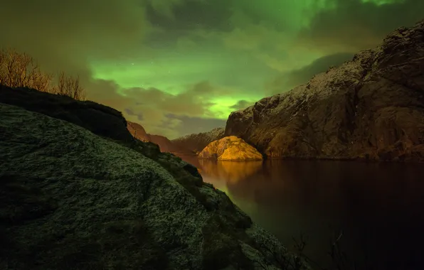 Night, Northern lights, Norway, Island Brattholme