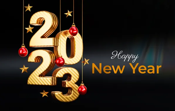 The inscription, figures, New year, black background, date, Christmas tree balls, 2023, New Year 2023