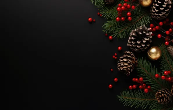Balls, branches, berries, the dark background, fruit, Christmas, New year, black background