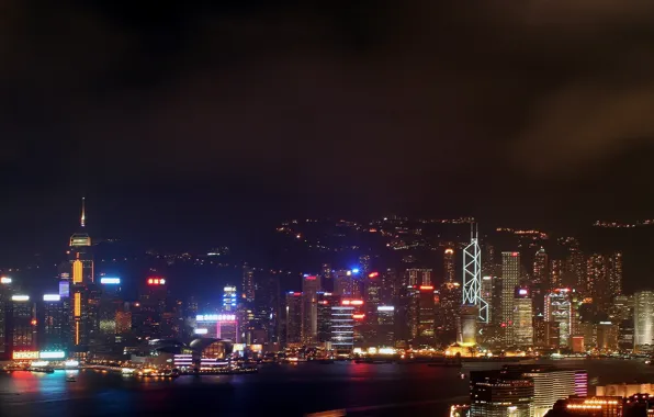 Night, Hong Kong, skyscrapers, Lights, neon