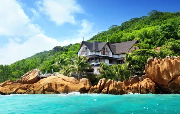 Picture nature, house, stones, palm trees, the ocean, shore, island, Seychelles