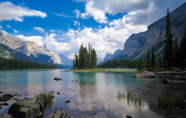 Forest, the sky, clouds, mountains, lake, blue, stones, rocks