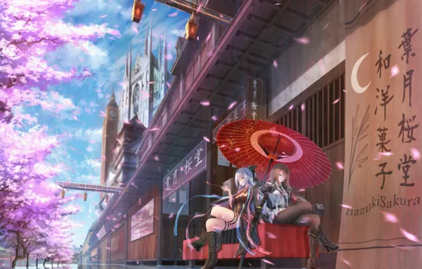 The city, girls, home, tube, katana, umbrella, anime, petals