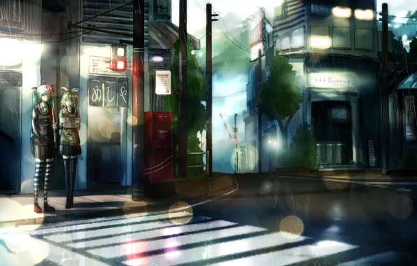 The city, girls, rain, home, anime, art, traffic light, lights