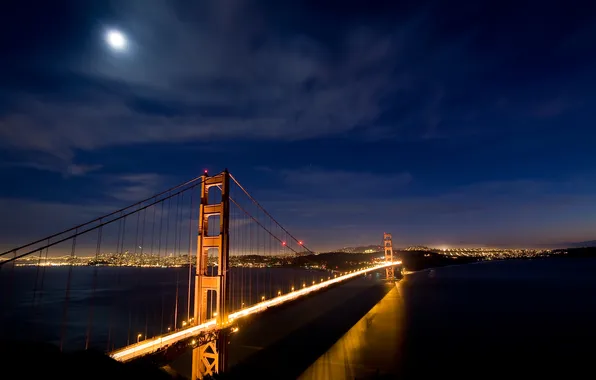 The sky, clouds, night, bridge, lights, the moon, support, Bay