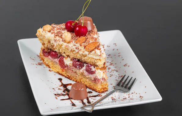 Cherry, chocolate, plate, candy, cake, nuts, sweet, chocolate