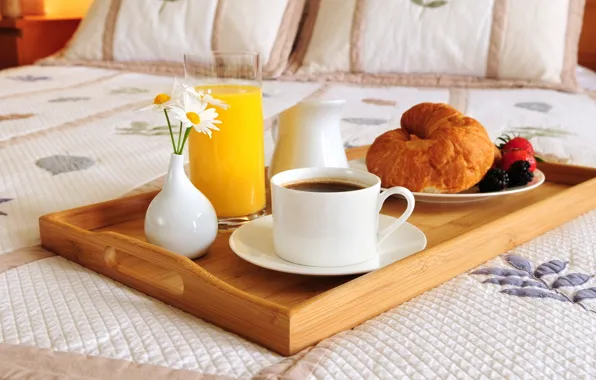 Picture flowers, glass, berries, coffee, food, chamomile, pillow, Breakfast